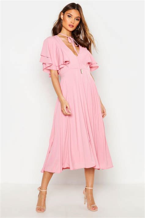Boohoo Womens Ruffle Angel Sleeve Bolo Tie Midi Dress In Pink Lyst
