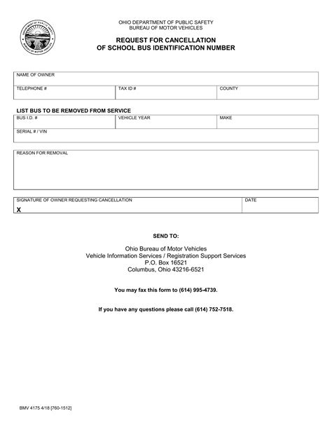 Form BMV 4175. Request for Cancellation of School Bus Identification