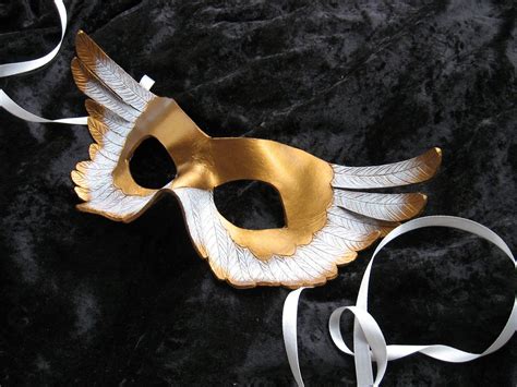 Feathery Winged Leather Mask In White And Gold Gilded Angel 5900 Via Etsy Leather Mask