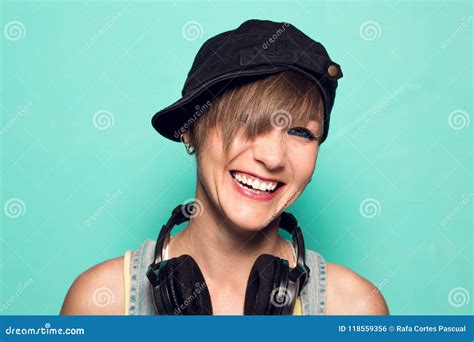 Girl With Headphones And Positive Attitude Woman With Smiling Music