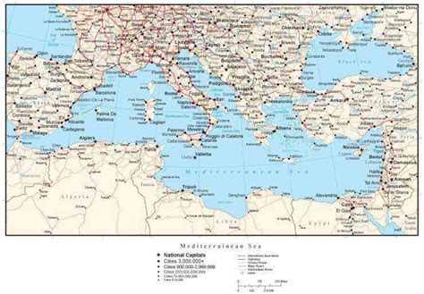 Mediterranean Map With Countries Cities And Roads