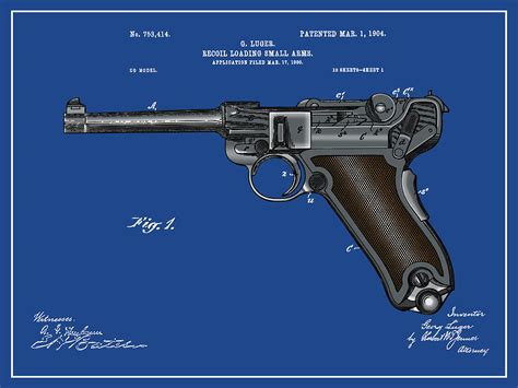 1904 Lugar Gun Colorized Patent Print Dark Blue Drawing By Greg Edwards