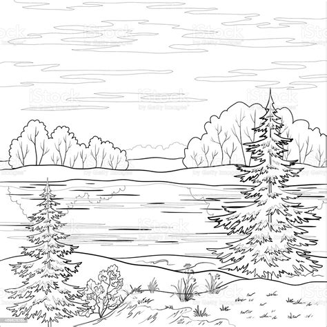 Landscape Forest River Outline Stock Illustration - Download Image Now ...