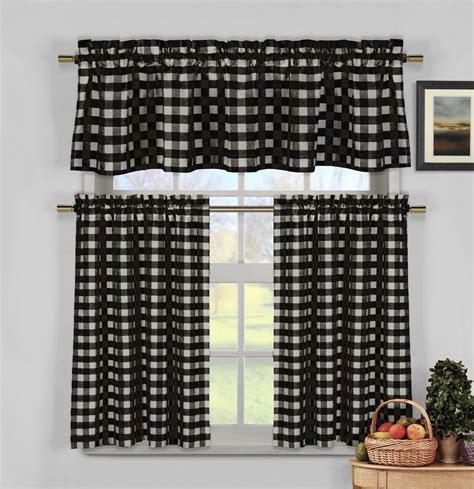 Black 3 Piece Gingham Check Kitchen Window Curtain Set Plaid Cotton