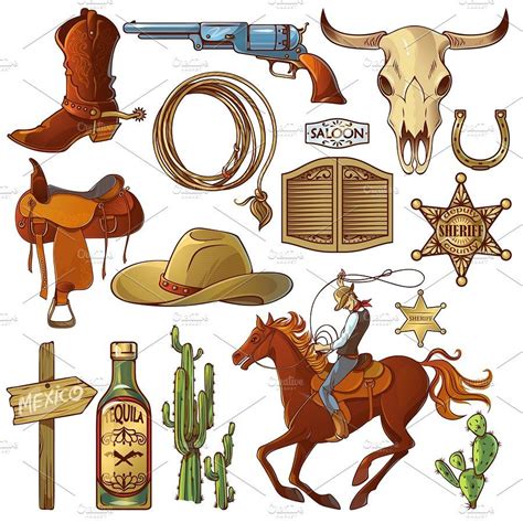 Wild West Elements Set Cowboy Illustration Wild West Art Cowboy Art