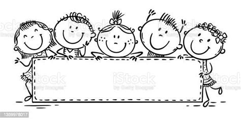 Happy Cartoon Kids With A Blank Sign Banner Outline Stock Illustration