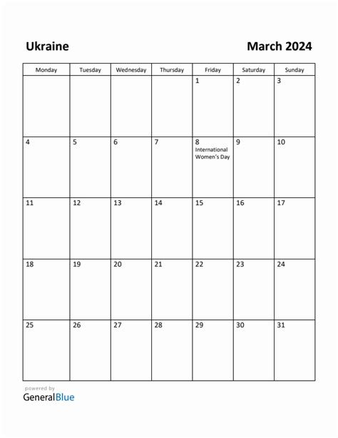 Free Printable March 2024 Calendar For Ukraine