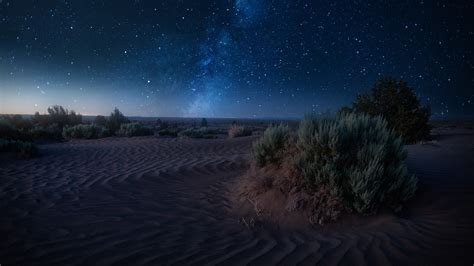 Desert Landscape With Background Of Starry Sky During Nighttime Hd