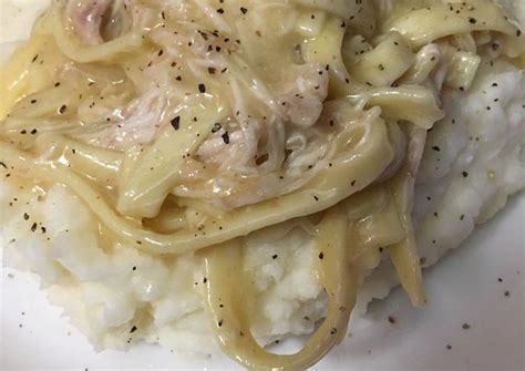 If you take boneless cooked chicken and jars of boston market chicken gravy and mix them together to put on top of egg noodles it is delicous also you can get. Cream of chicken noodle over mashed potatoes #mycookbook ...