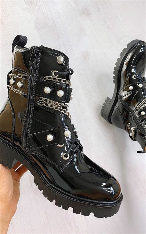 Joanna Chain And Pearl Lace Up Boots In Black Ikrush
