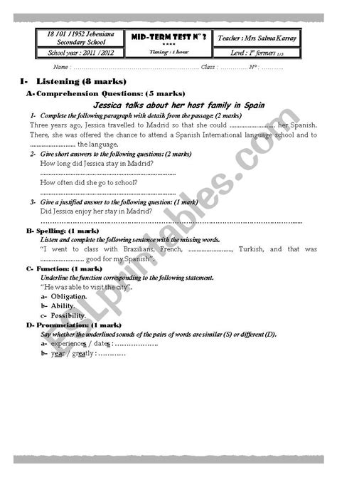 Mid Term Test N°3 Esl Worksheet By English Forever