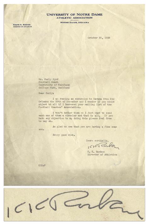 Knute Rockne Letter Signed 59410alg Hollywood Memorabilia Fine