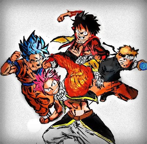 Natsu Goku Naruto And Luffy Midoriblue1714 Fairytail