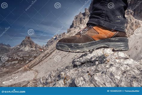 Hiker Standing On A Rock In The Dolomites Italy Hiking Shoe Closeup