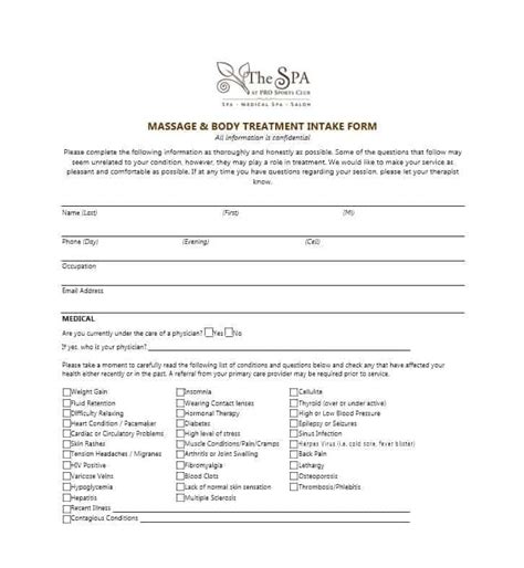 59 Best Massage Intake Forms For Any Client Printable Templates In 2020 Massage Intake Forms