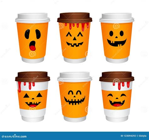 Set Of Paper Coffee Cups Cartoon Character With Halloween Concept