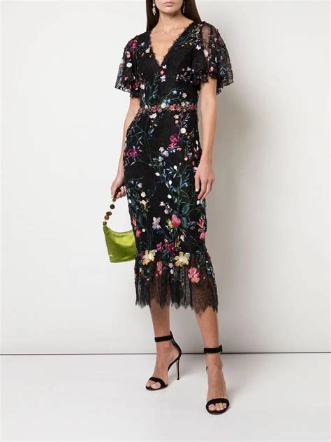 V Neck 3d Floral Embroidered Tulle Cocktail Dress Marchesa Cocktail Dresses With Sleeves