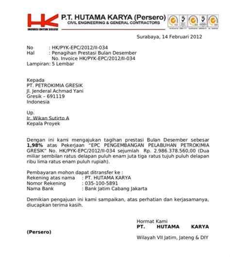 Contoh diatas adalah pekerjaan pengadaan peralatan di bp migas pt pertamina ep pada tahun 2012 semoga bermanfaat. 16 Contoh Surat Penagihan Hutang, Pembayaran, Invoice - Contoh Surat