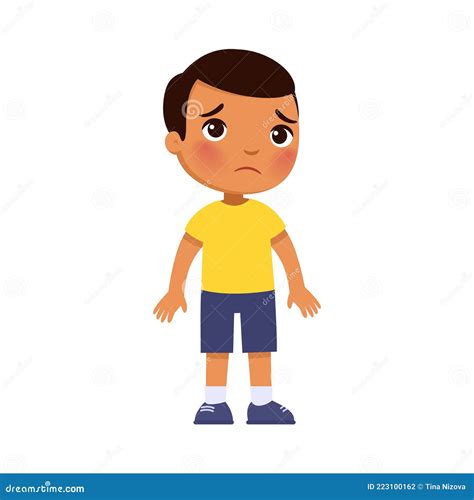 Sadness Little Asian Boy Flat Vector Illustration Upset Child Standing