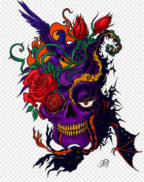 Purple Skull With Red Flowers Illustration Tattoo Color Color Tattoo