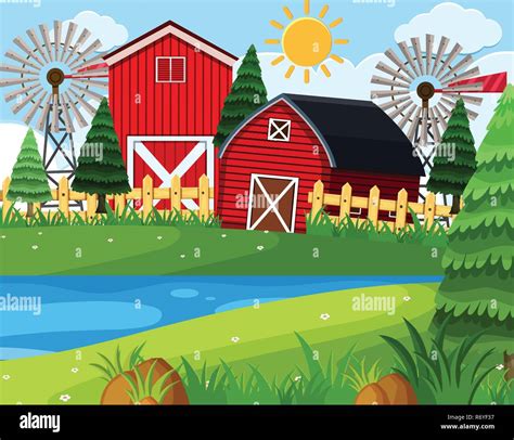 Red Barns On Farm Scene Illustration Stock Vector Image And Art Alamy