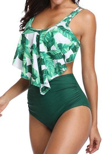 2019 Green High Waisted Ruffle Bathing Suit Women Swimsuits Ruffle Bathing Suit Flounce Swimwear