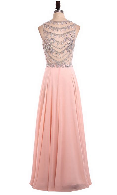 Sexy Long Prom Dresses Pink Sleeveless Chiffon Crystal Beading Vestido