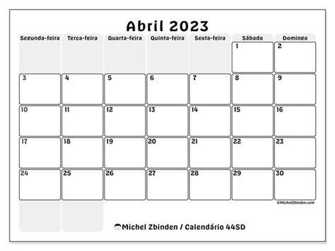 Calendário De Abril De 2023 Para Imprimir “44sd” Michel Zbinden Pt