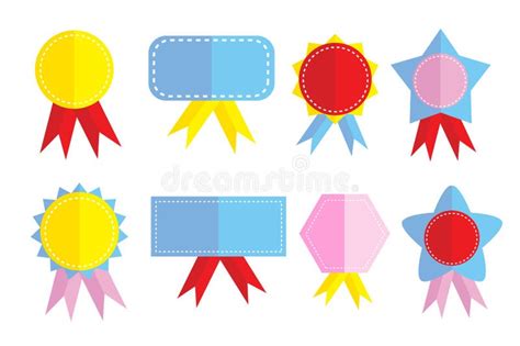 Vector Flat Color Badge Or Emblem With Ribbon Set 8 Isolated On White