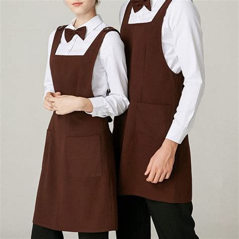 Unisex Long Brown Polyester Apron Cafe Uniform Waitress Outfit