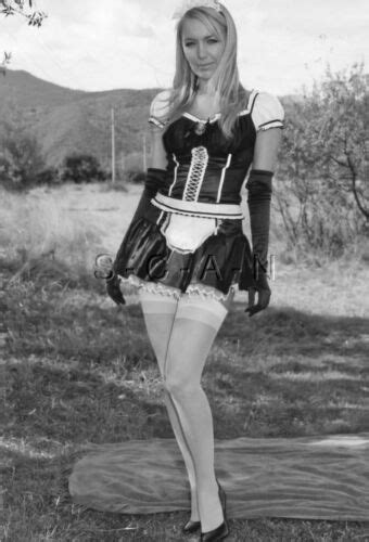 Outdoors Semi Nude Bw Photo Blond Maid Black Gloves Stockings