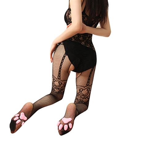 Women Erotic Sexy Fishnet Bodystockings With Silicone For Cat Paw Pad Lace Crotchless Bodysuit