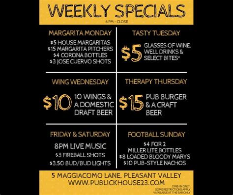 Publick House 23 Weekly Food And Bar Specials Menu