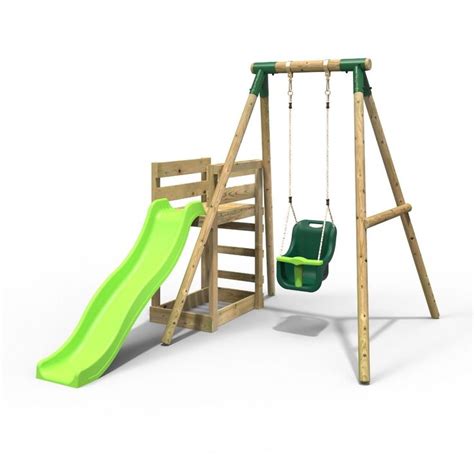 Rebo Wooden Swing Set Plus Deck And Slide Pluto Green Wooden Swing