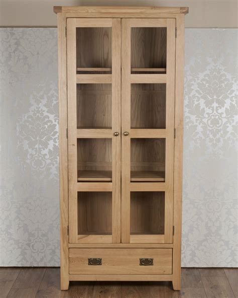 Solid Oak Display Cabinet 2 Doors 1 Drawer In Chunky Harrogate Natural