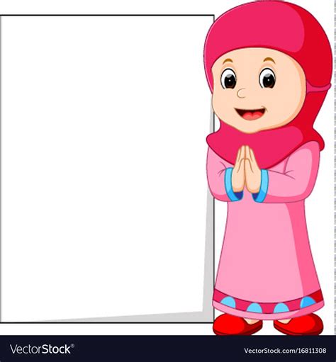Happy Muslim Girl Cartoon Holding Blank Sign Vector Image