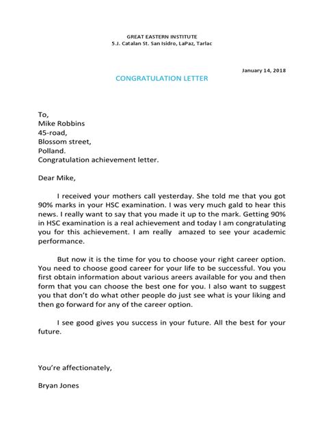 Sample Of Letter Of Congratulations
