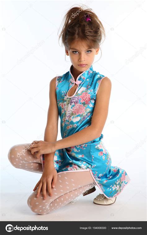 Beautiful Girl Asian Blue Dress Sitting White Background Elegant
