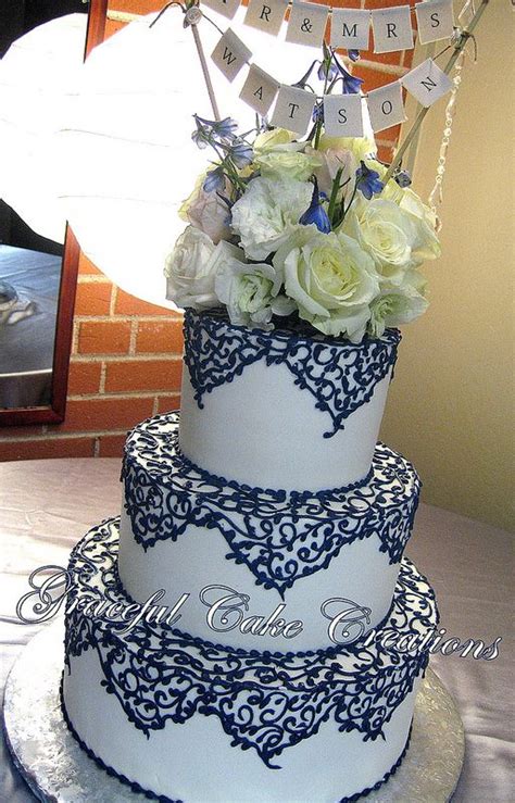 Pinky mauve and greenery wedding colors. Elegant Ivory Wedding Cake with Navy Blue Lace | Burgundy ...