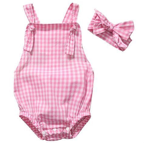 Newborn Infant Baby Girl Romper Pink Plaid Sleeveless Jumpsuit Summer