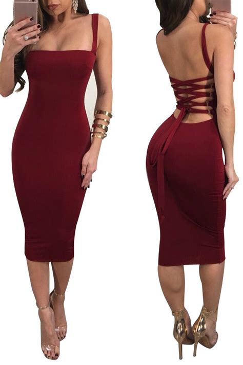 Women Bodycon Dress Sexy Solid With Drawstring Spaghetti Strap Backless