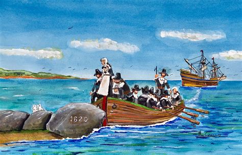 Pilgrims Landing At Plymouth Rock In Watercolor Art Print Mayflower Tall Ship Pilgrim