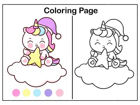 Premium Vector Coloring Unicorn Cartoon On Cloud Sweet Dream Kawaii