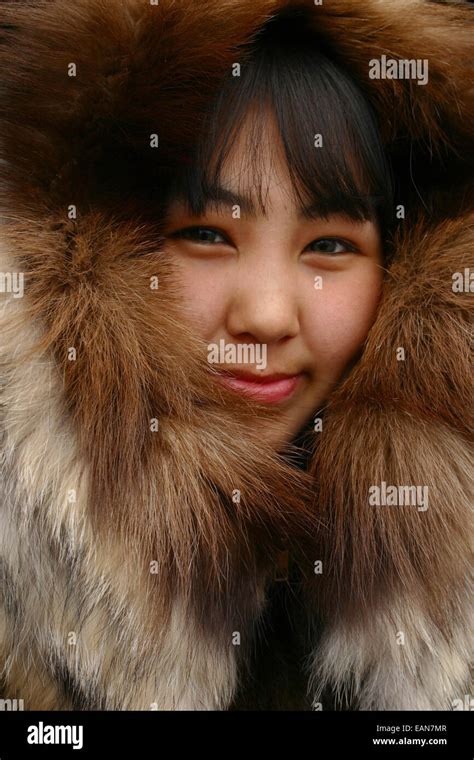 Portrait Of Yupik Native Alaskan Girl Near Kwethluk Alaska Stock Photo
