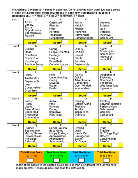 True Colors Personality Test Printable Version Printabletemplates