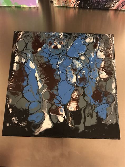 Abstract Art Fluid Acrylic Painting Blue White Camo Brown By