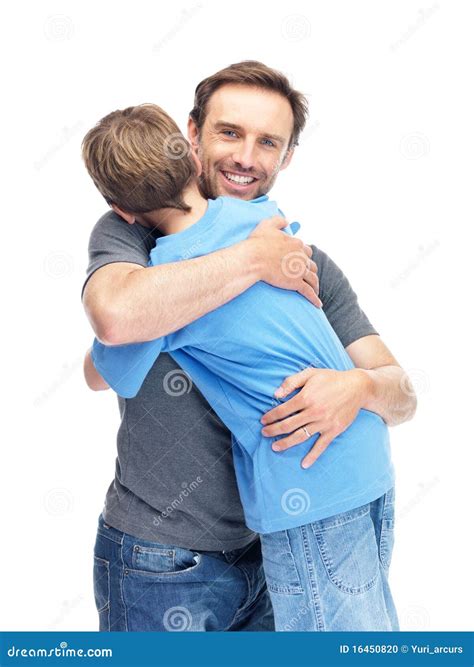 Man Hugging His Son Against White Background Stock Photo Image Of