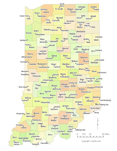 State Of Indiana County Map With The County Seats Cccarto