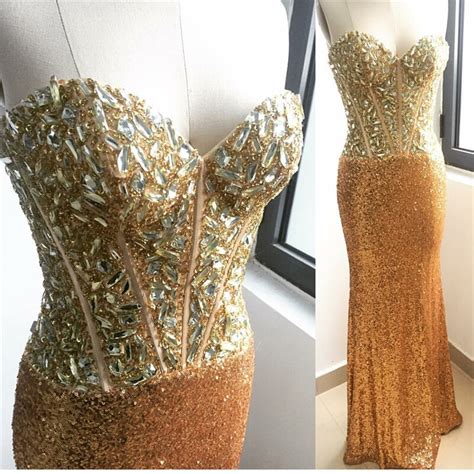 2017 Glitting Crystal Beaded Gold Sequins Evening Dresses Sweetheart
