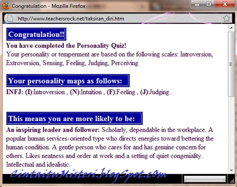 Dimana setelah ujian dilakukan khususnya ujian psikologi anda tetap harus mengkonsultasikan hasilnya pada ahlinya. Cinta Itu Misteri: Ujian Personaliti Diri...anda dah cuba?